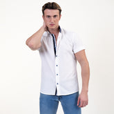 Solid White Mens Short Sleeve Button up Shirts - Tailored Slim Fit Cotton Dress Shirts